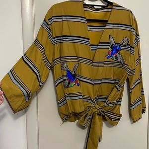 Zara mustard yellow striped wrap top with sequin details